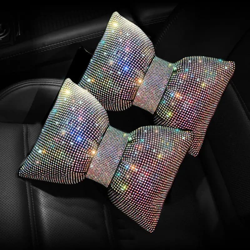 Cuscino per Poggiatesta Auto con Fiocco di Diamanti, Cuscino Creativo con Strass per Sedile Femminile, Accessori Decorativi per Interni Auto, 2 Pezzi