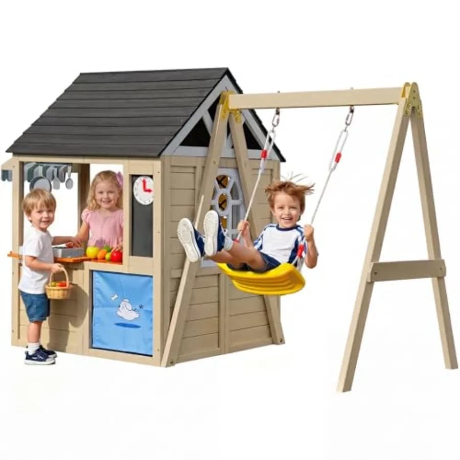 Wooden Playhouse with Swing Set for,Ivory White Cedar Wood Outdoor Playset with Pet Door Game Board, Space-Saving Garden Playgr