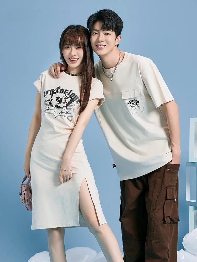 Tryforlove Couples Matching Short Sleeve T-Shirt Dress Split Design Summer New Arrival High Quality One Dress One Skirt Set