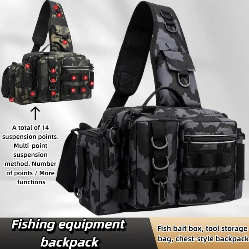 Men's fishing backpack with bait door, gear bag, pouch, fly fishing bag with rod holder, shoulder bag
