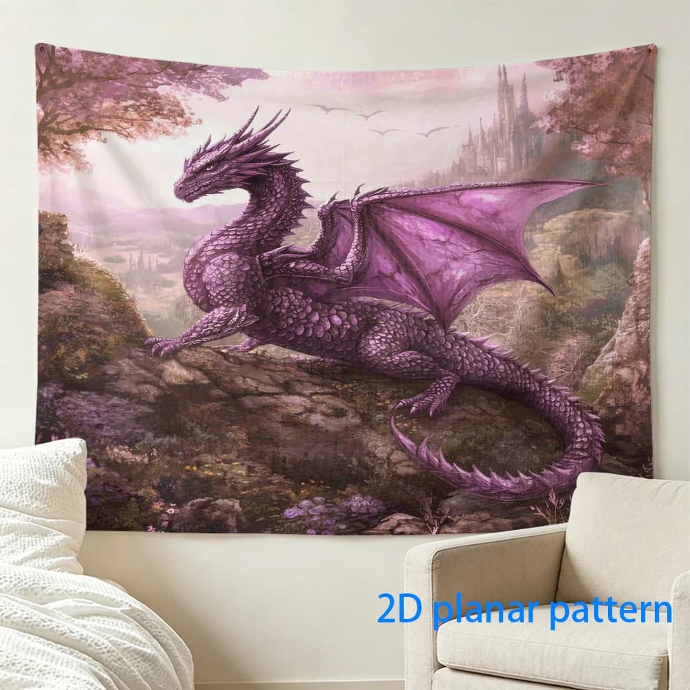 Large Fantasy Dragon Tapestry Wall Hanging Mythical Beast Art Medieval Scene Decor Purple Magic Tapestry 180x230cm Living Room W