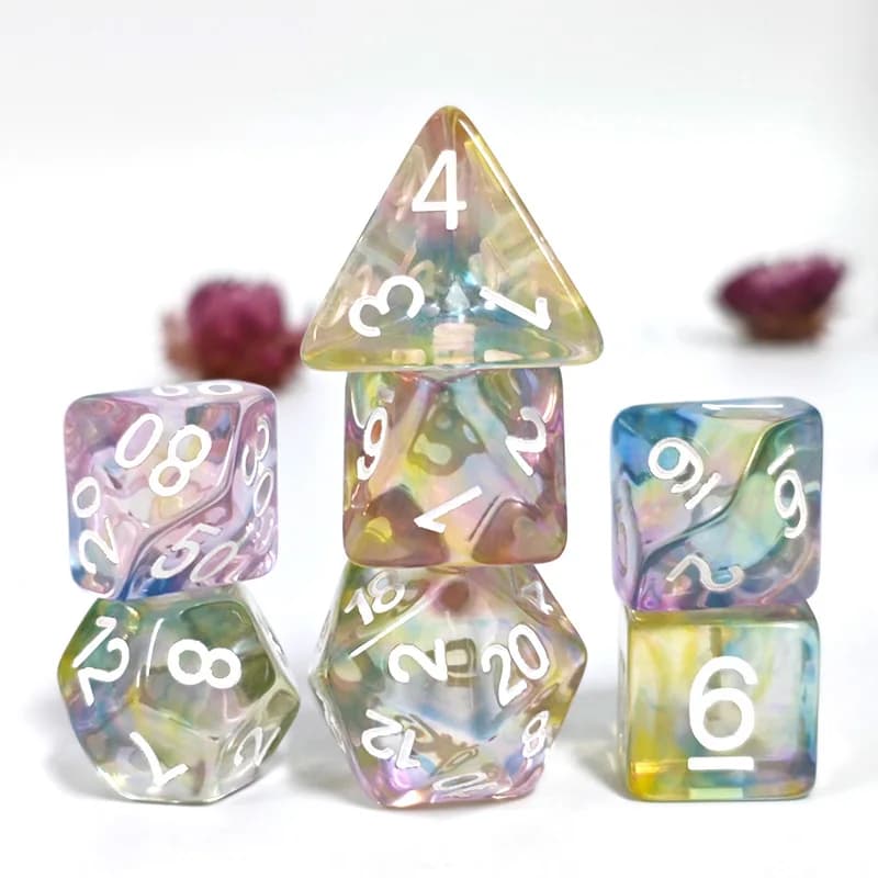 Set di Dadi Poliedrici in Resina con Coriandoli Arcobaleno, Set da 7 Dadi DND con Numeri Neri per Dungeons & Dragons, TTRPG, Giochi di Ruolo da Tavolo
