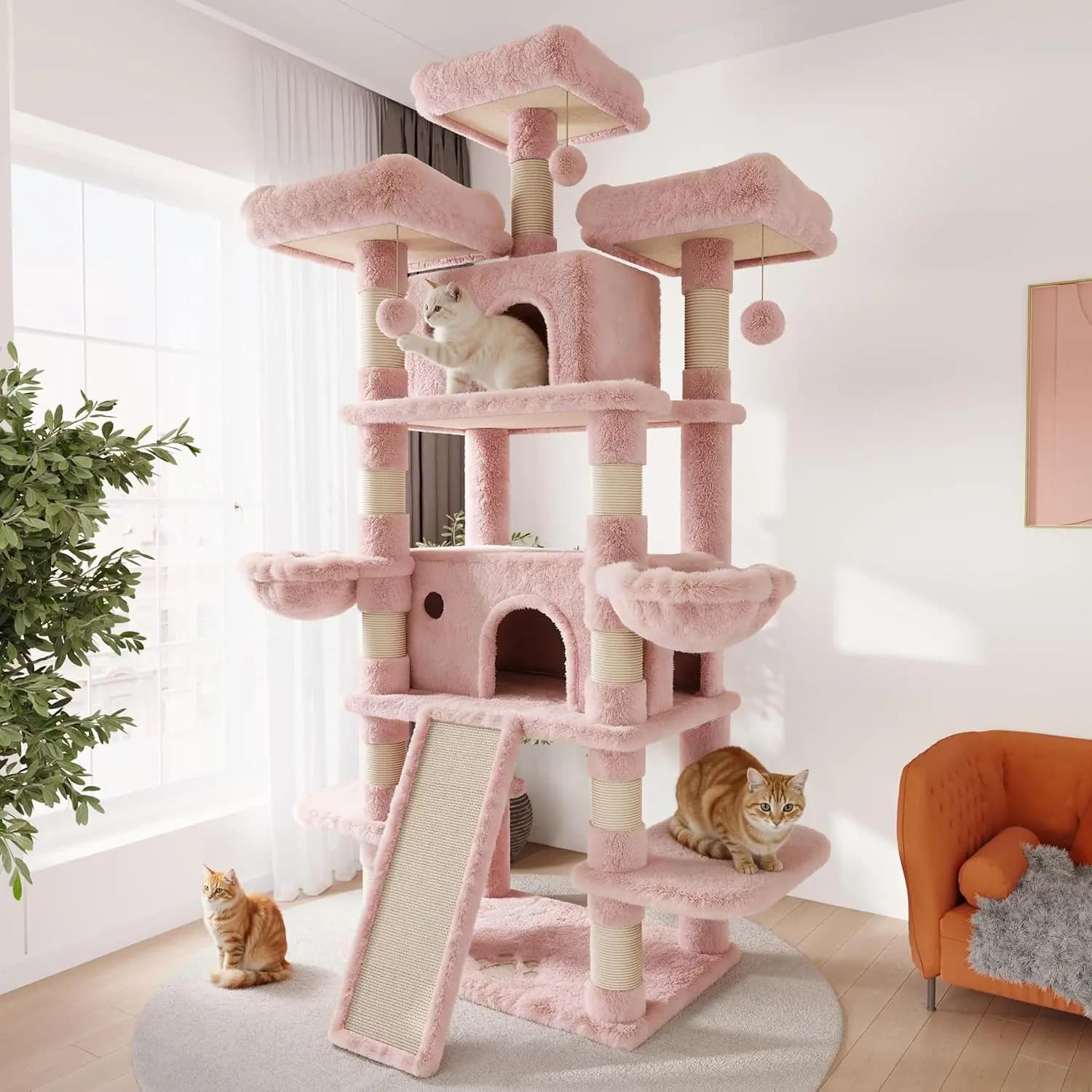 Tiragraffi per Gatti Extra Large con Cuccia, Posti di Riposo e Amaca, in Sisal, per Gatti Adulti da Interno, Robusto, Rosa, Personalizzabile