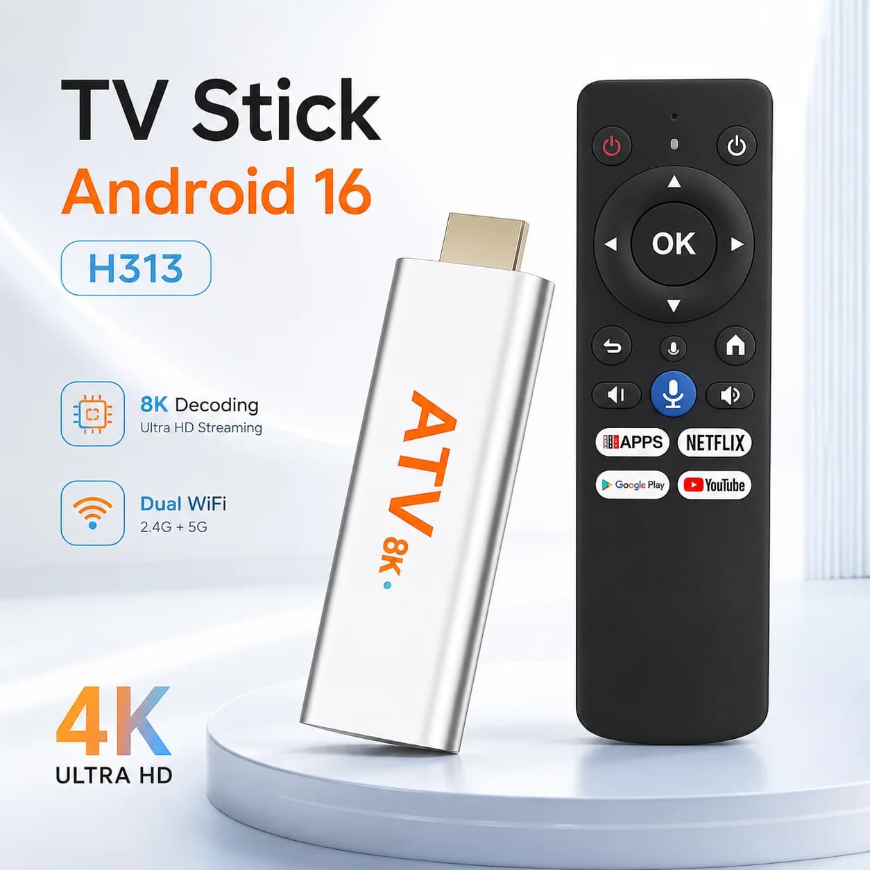 Android 16 TV Stick Allwinner H313 Quad Core 4K Ultra HD Ram 4GB 8GB Rom 64GB 128GB 2.4G&5G WiFi HDMI Streaming Media Player