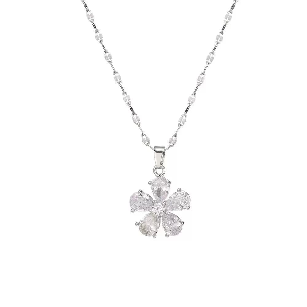 Collana con Ciondolo a Fiore Placcato Argento alla Moda, Zirconia Cubica Brillante, Antiossidante, Gioiello per Uso Quotidiano, Regalo per Lei