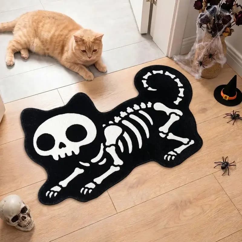 VIKAMA Halloween Skeleton Black Cat Rug Gothic Skull Cat Shaped Non Slip Door Mat Spooky Animal Floor Mat Home Bedroom Decor