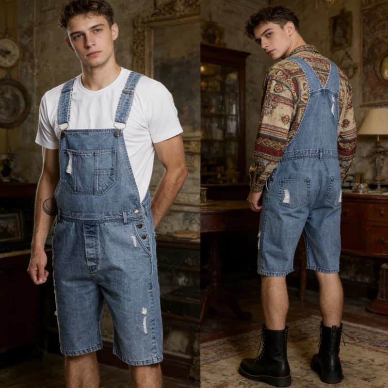 Jeans cargo da uomo, tuta intera in denim, lunghezza al ginocchio, taglio dritto, casual, vita media, tasche, tinta unita, effetto distressed con fori, estivo