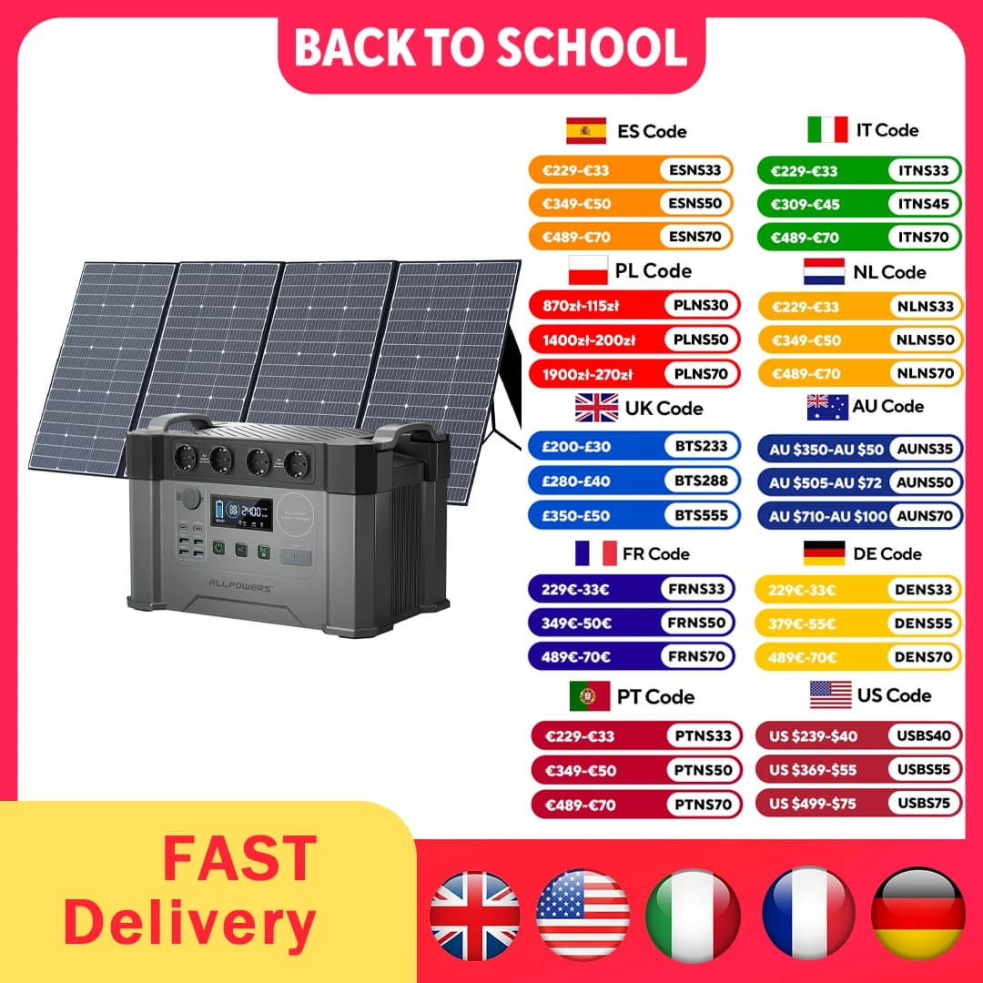 ALLPOWERS S2000 Pro solar generator with 400 W solar panel, 4 2400 W AC sockets, 2400 W portable power plant for home backup motorhome