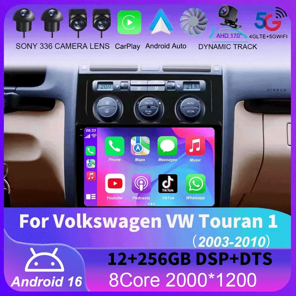 Autoradio Android 16 per Volkswagen VW Touran 1 2003-2010, Lettore Multimediale GPS con Navigazione e Stereo