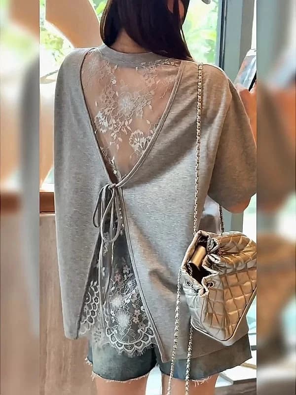 plus Size Women's T-Shirt Lace Splice Short Sleeve Loose Fit Summer Top Breathable Comfortable Korean Style round Neck Design