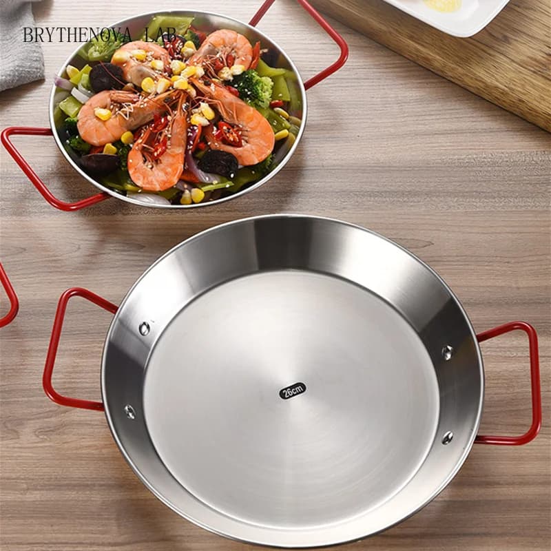 20-34cm Spanish Paella Cooking Pot Stainless Steel Seafood Frying Double Pan Handle Tableware Snack Plate Kitchen Tool Food Tray