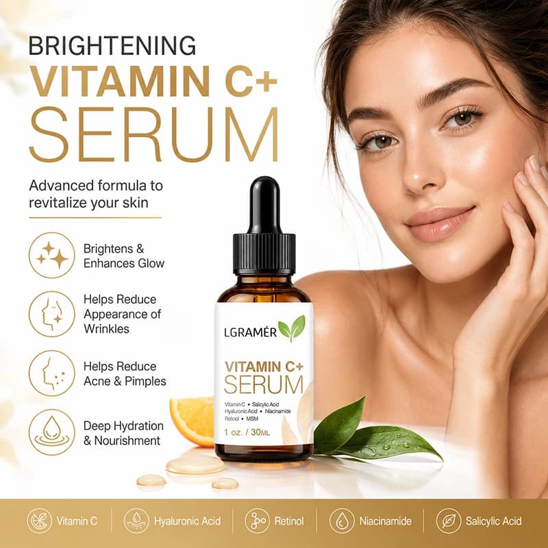 Vitamin C+ Facial Serum With Hyaluronic Acid Brightening Anti Aging Hydrating Facial Essence Fade Dark Spot Daily Face Skin Care