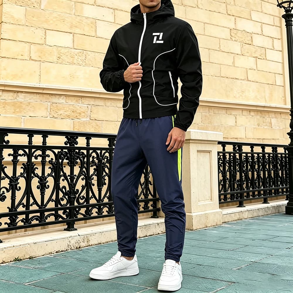 Male Tracksuit Set Geometric Blocks Print White Line Hooded Windbreaker Jacket & Side Stripe Trousers With Zipper Pocket Suit
