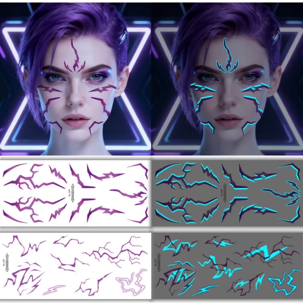 4 fogli Kpop tatuaggi temporanei viola fulmine audace trucco per giochi di ruolo cosplay adesivi artistici per il viso impermeabili tatuaggio luminoso