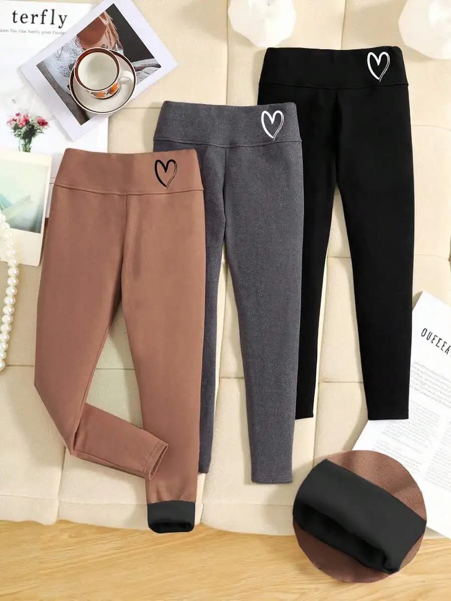 3-Pack Kids Heart-Embellished Thermal Leggings for Autumn Winter