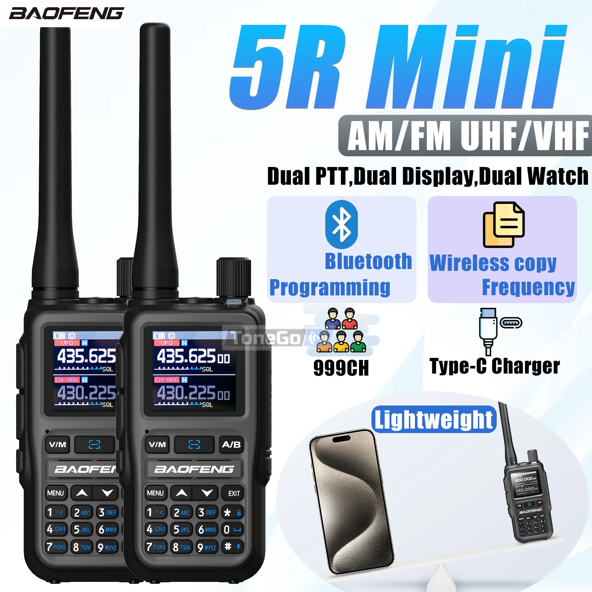 Baofeng 5R Mini Walkie Talkie UV-5R Mini Type-C Caricatore AM FM Doppio PTT Programmazione Bluetooth Frequenza di copia wireless Radioamatori