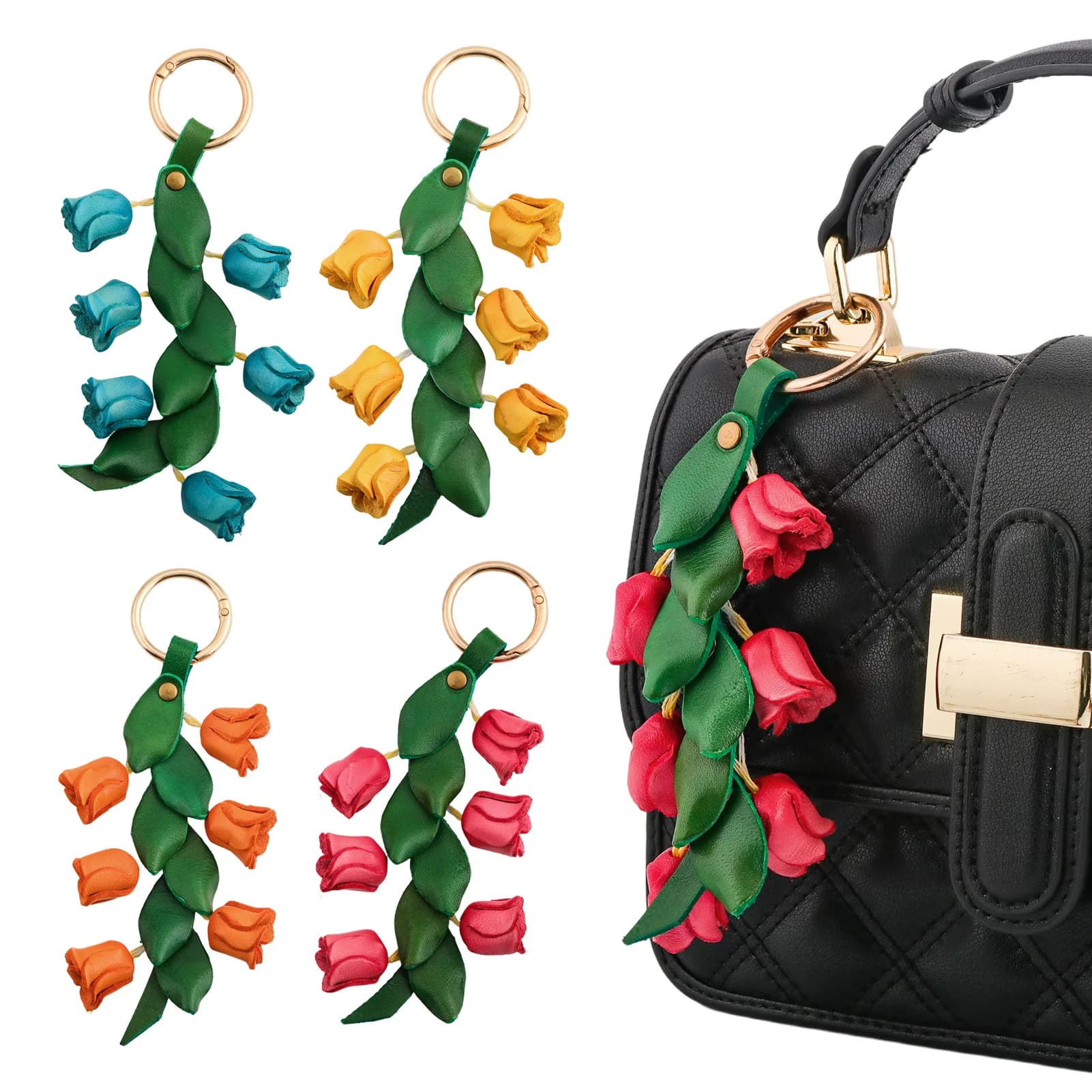 Portachiavi in Pelle Fatto a Mano a Forma di Tulipano, Grazioso Ciondolo 3D a Fiore per Borsa, Elegante Accessorio per Chiavi Auto, Regalo Creativo per Donne