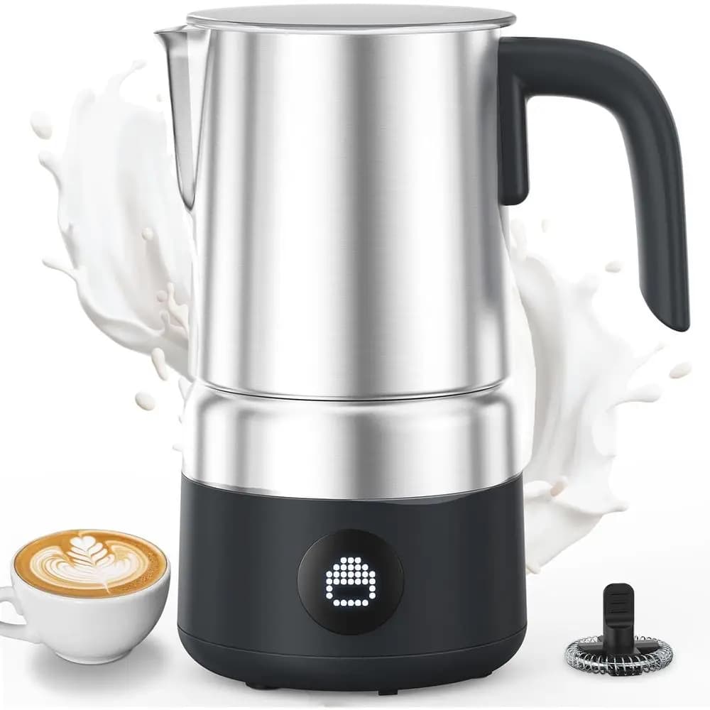 All-in-One Detachable Milk Frother and Steamer, 600W Automatic Coffee and Tea Maker, Stainless Steel, Dishwasher Safe, LED Displ