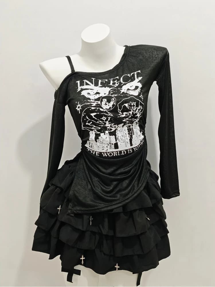 Darkly Hot Girl Slim Set da 2 pezzi Donna Estetica Y2k con spalle scoperte Manica lunga Top resistente al sole + Abito con gonna corta incrociata a vita alta