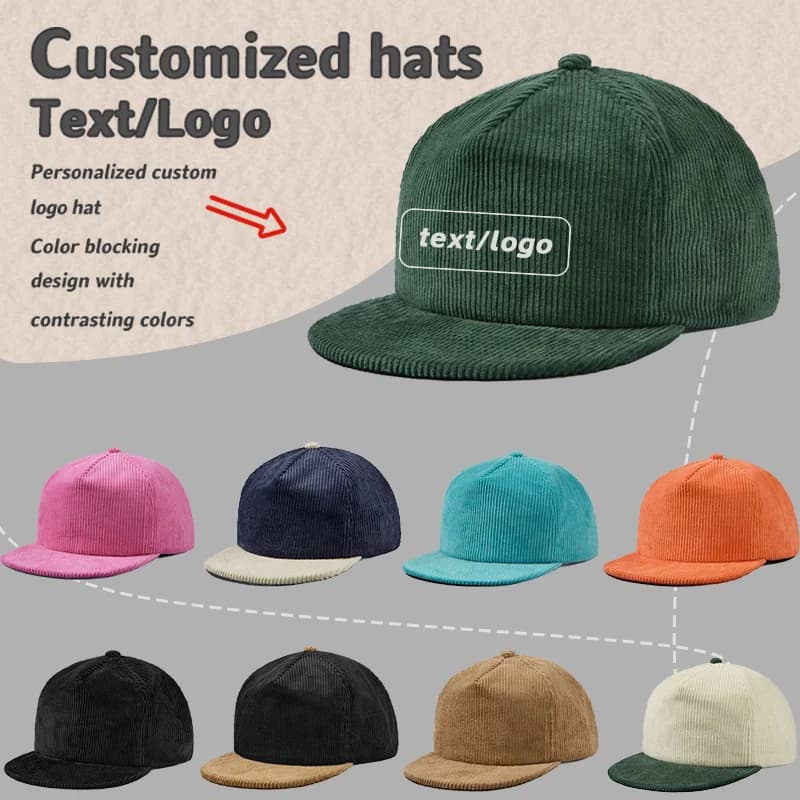 Custom Embroidered Logo Retro Corduroy Five-panel Flat Edge Hat Men and Women Classic Soft Top Solid Color Casual Baseball Cap