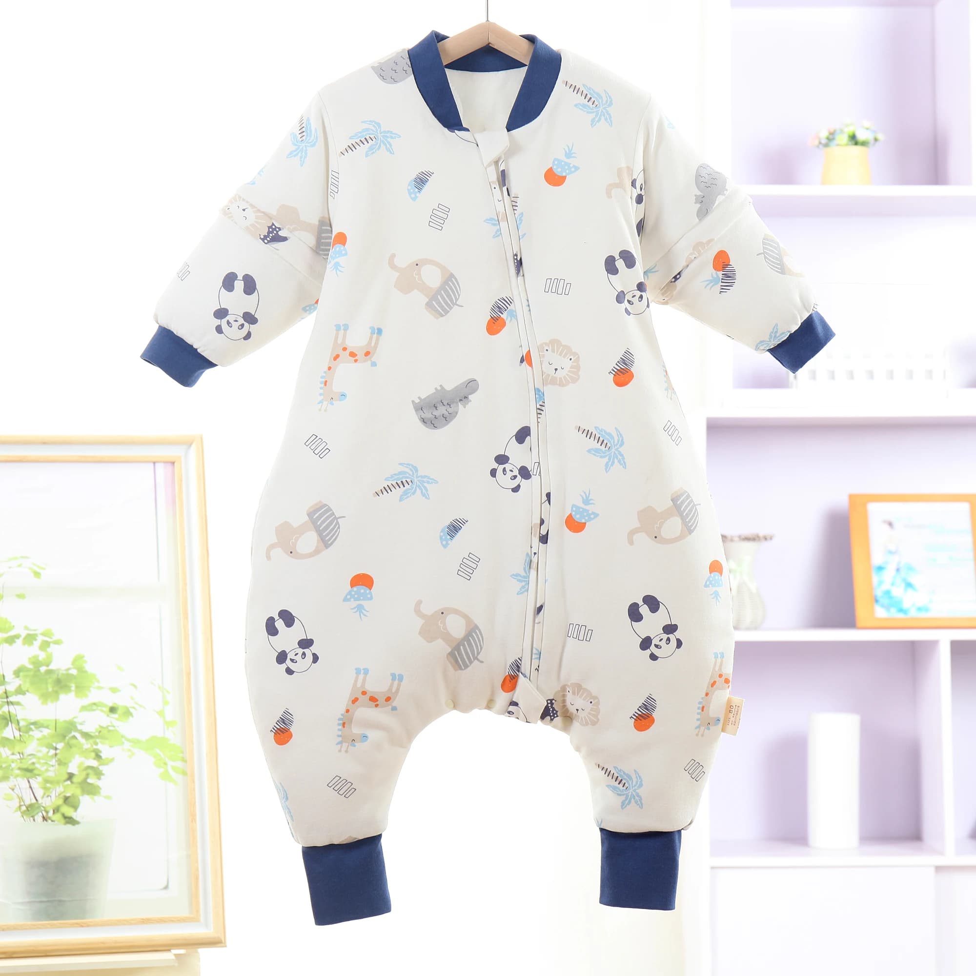 Children's shank with cute cartoon pattern, separated legs, 1.0 Tog, double layer, thin, for spring and summer, with detachable sleeves, comfortable, breathable and absorbs sweat