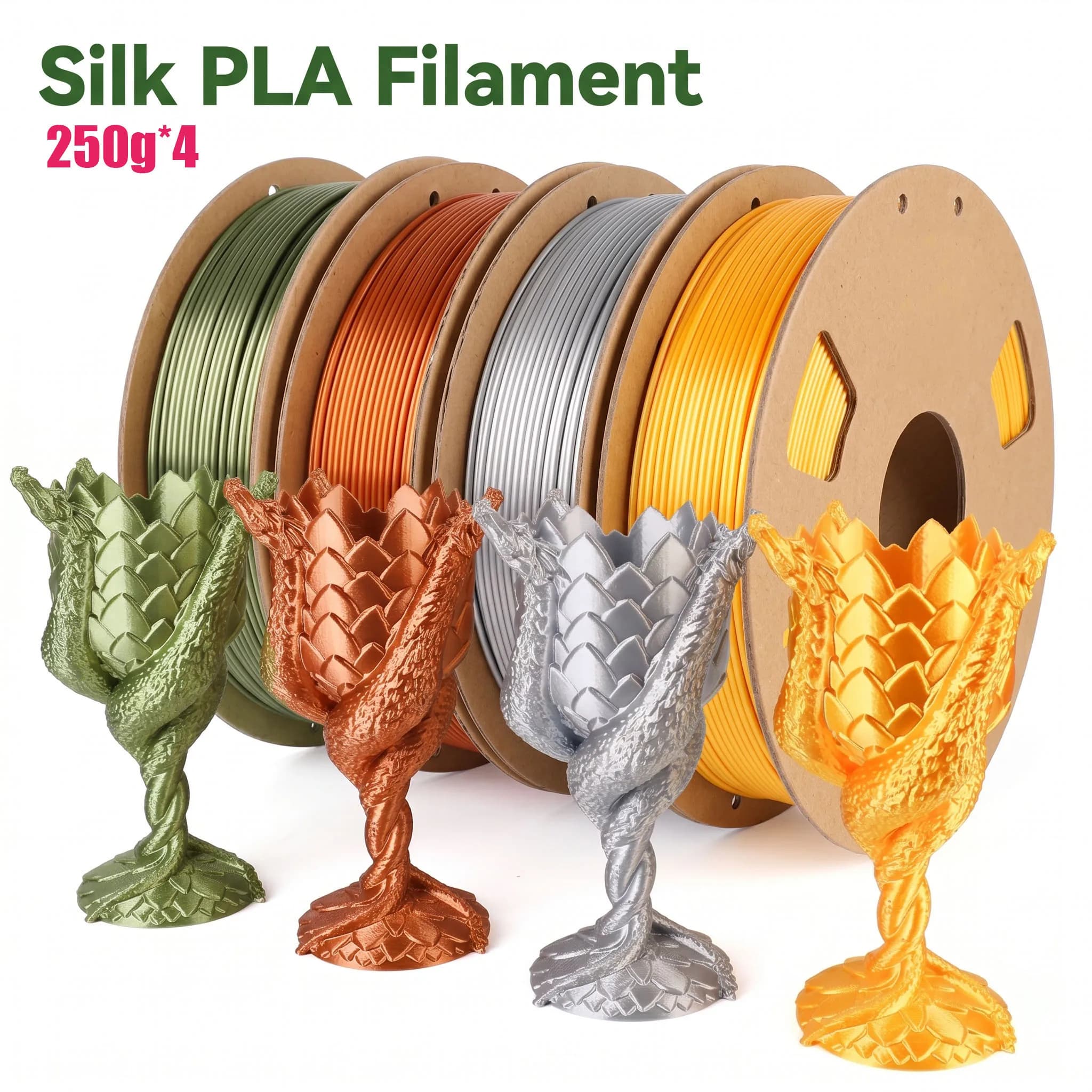 Set di Filamenti PLA Seta da 1,75mm in 4 Colori (Oro, Argento, Bronzo, Rosso Rame) Metallici per Stampa 3D