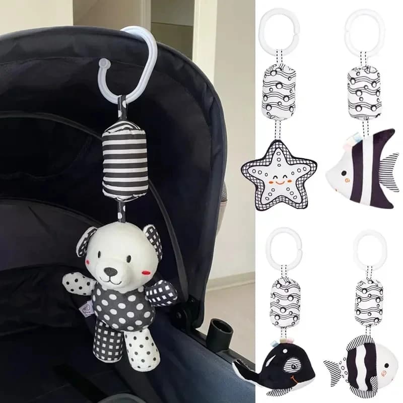 Campana da letto in bianco e nero per neonato Giocattolo per l'educazione precoce del bambino Ispirazione visiva Campana a vento Carrello da gioco con ciondolo