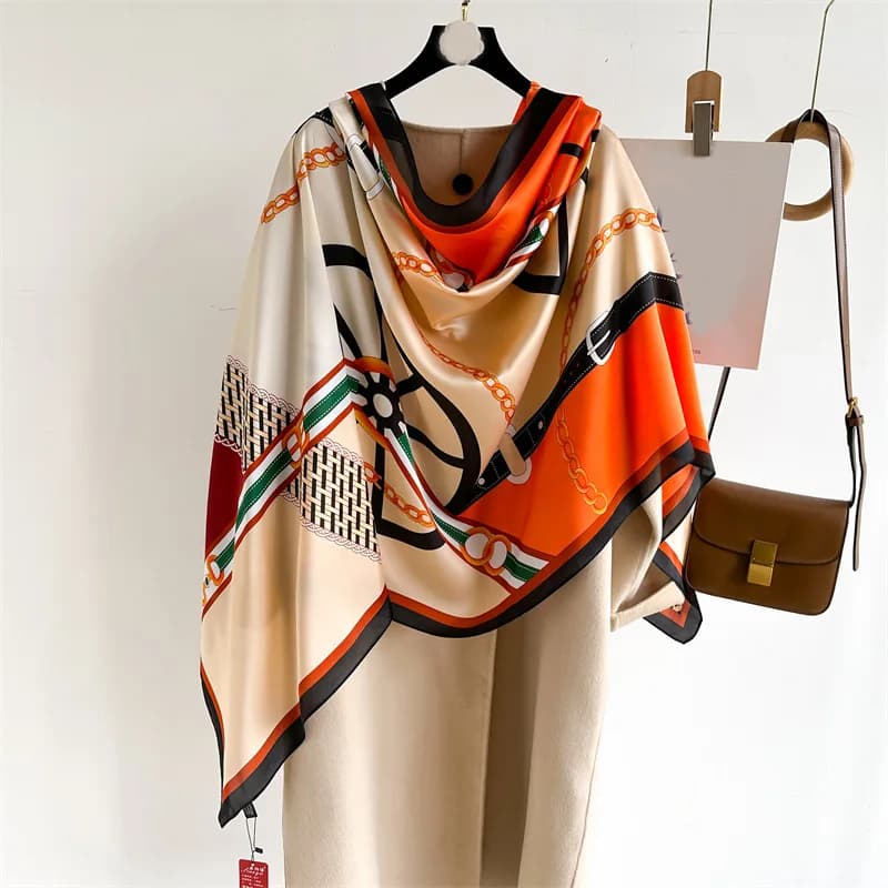Women Luxury Chain Print Silk Scarf Large Satin Shawl Design Style Bandana Fashion Headscarf Beach Wrap Sun Protection Scarves