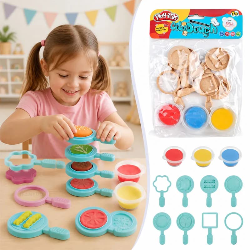 Kids Hamburger Making Kit DIY Food Play Set with Soft Modeling Dough Burger Mold Creative Activity Pretend Kitchen Game Clay Toy