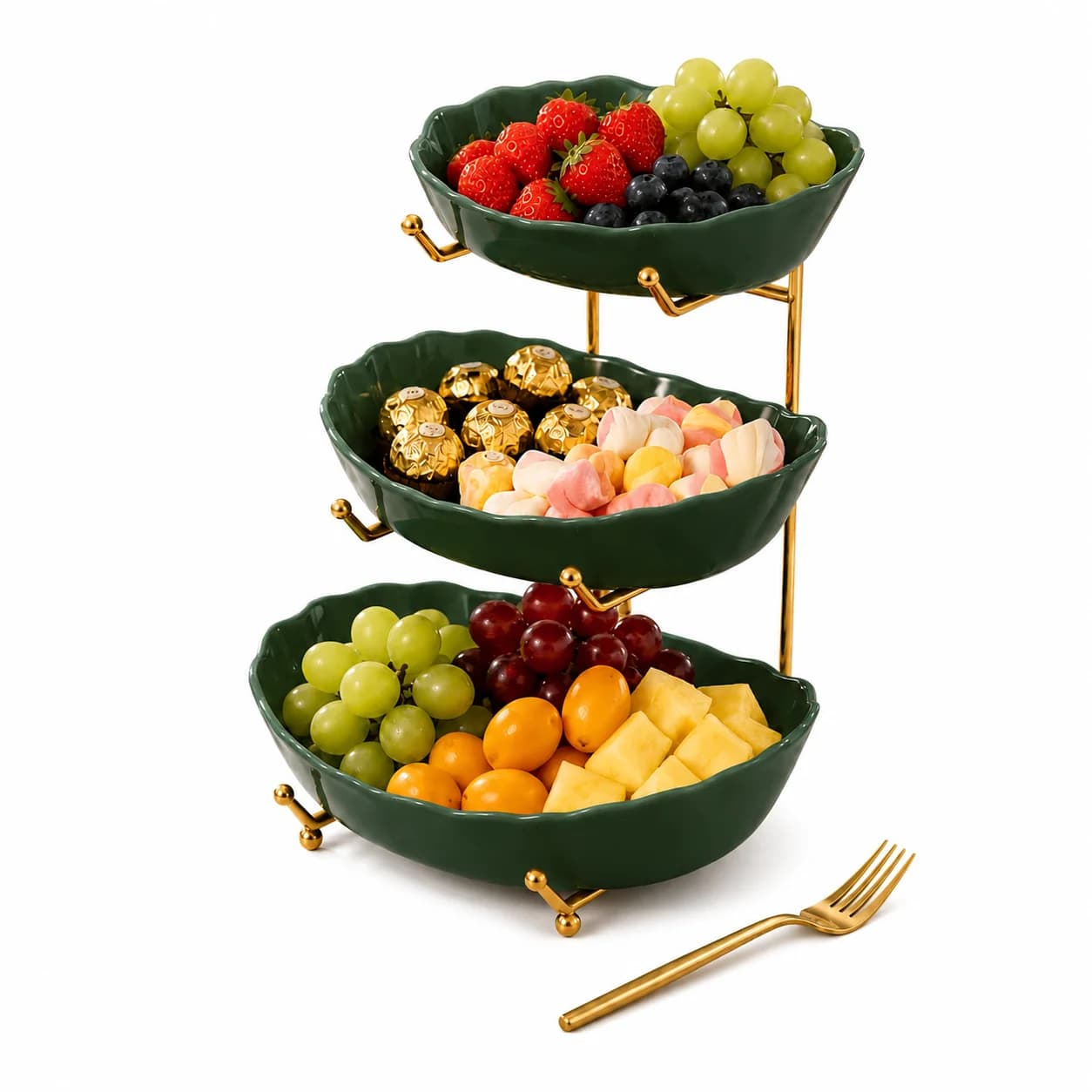 3-Tier Green Metal Storage Rack W/Plastic Trays, Multi-Purpose Fruit, Veggie & Snack Organizer. Sturdy Iron Frame, Ideal for Kitchen, Bathroom, Picnics, Parties & Birthdays; Household Storage & Display Shelf