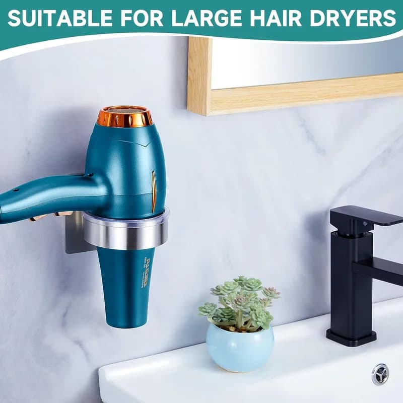 Punch-Free Wall Mount Hair Dryer Holder - Bathroom Blow Dryer Storage Rack with Adhesive Bracket for Space Saving Organization