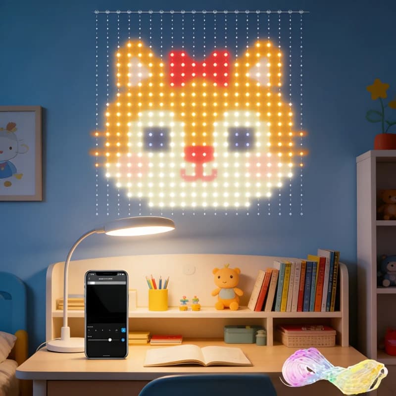 RGB curtain lights that change color synchronically with music, ideal for decorating windows, organizing parties and weddings