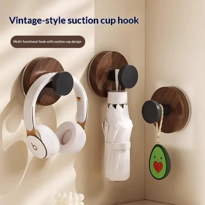 Wood Suction Cup Hook Heavy Duty Walnut No Drill Water Resistant Hanger for Door Back Clothes Towel Key Holder