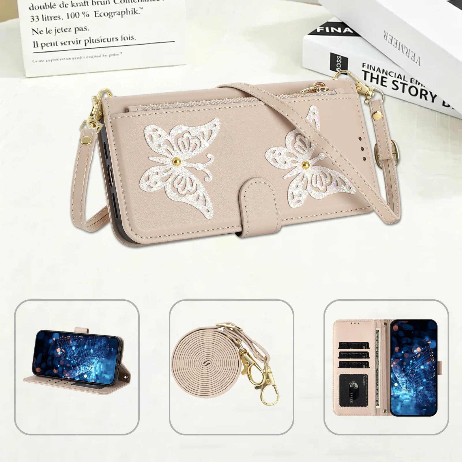 Applicable to Google 10A mobile phone artificial leather case, glittery butterfly zipper zero wallet, Pixel 11 Pro XL phone case