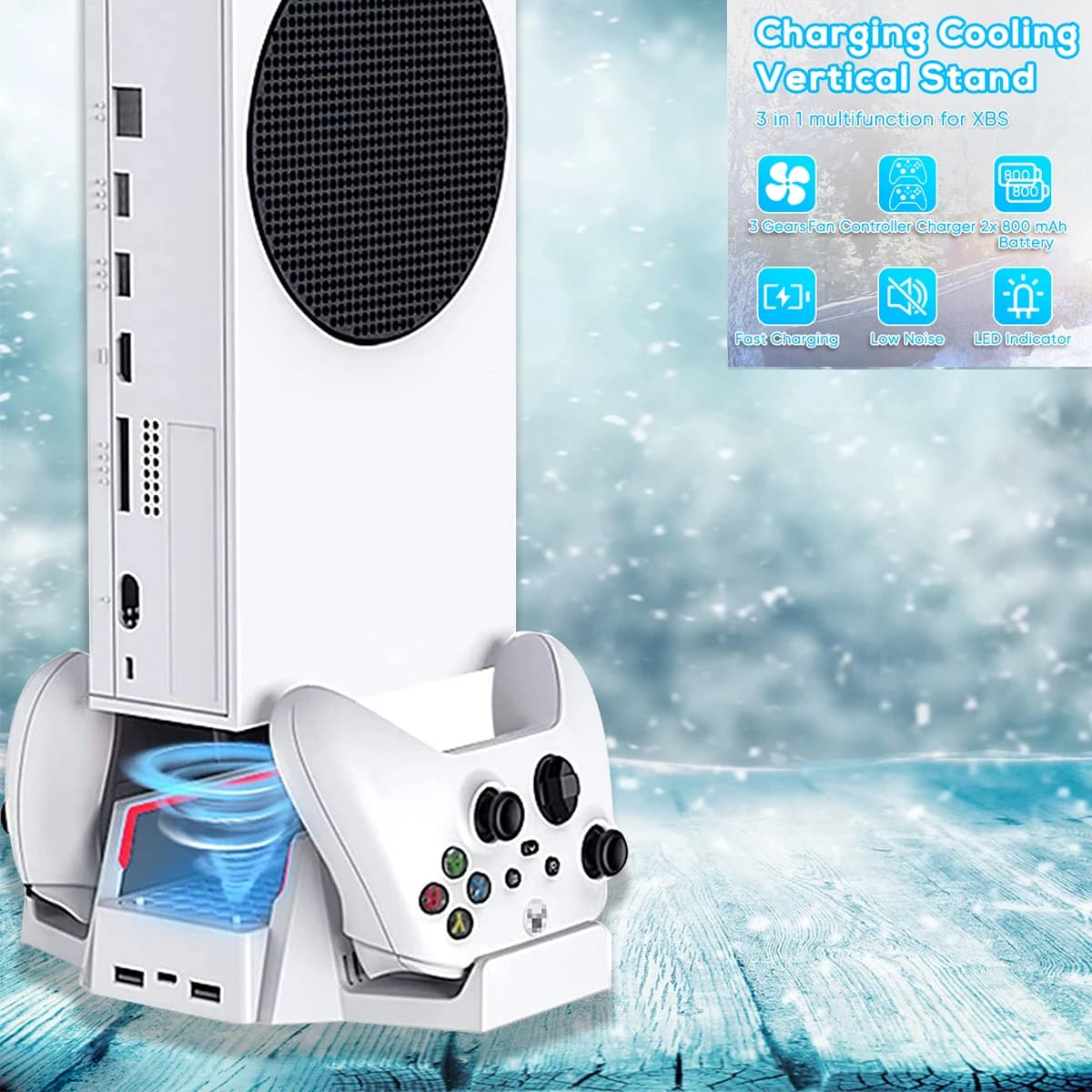 Supporto di raffreddamento per Xbox Series S con doppia ventola di raffreddamento Dock di ricarica per doppio controller con indicatore LED e due recazioni extra da 800 mAh