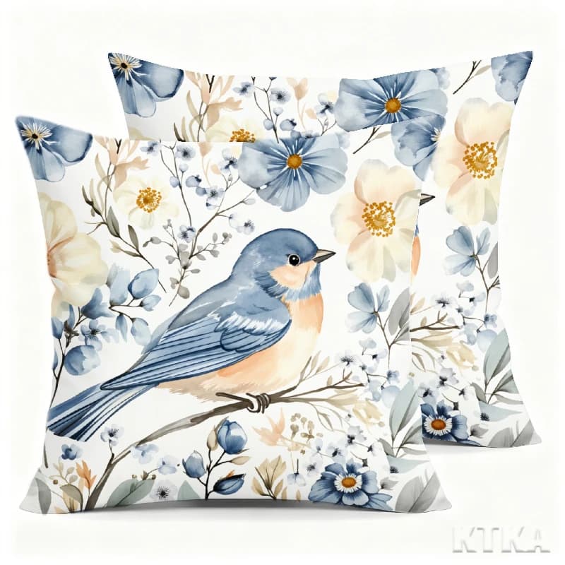 2 pezzi, fodera per cuscino floreale con uccello blu acquerello, monofacciale, chiusura con cerniera, poliestere lavabile - perfetto per divano, soggiorno, decorazioni per la camera da letto, cuscini decorativi.
