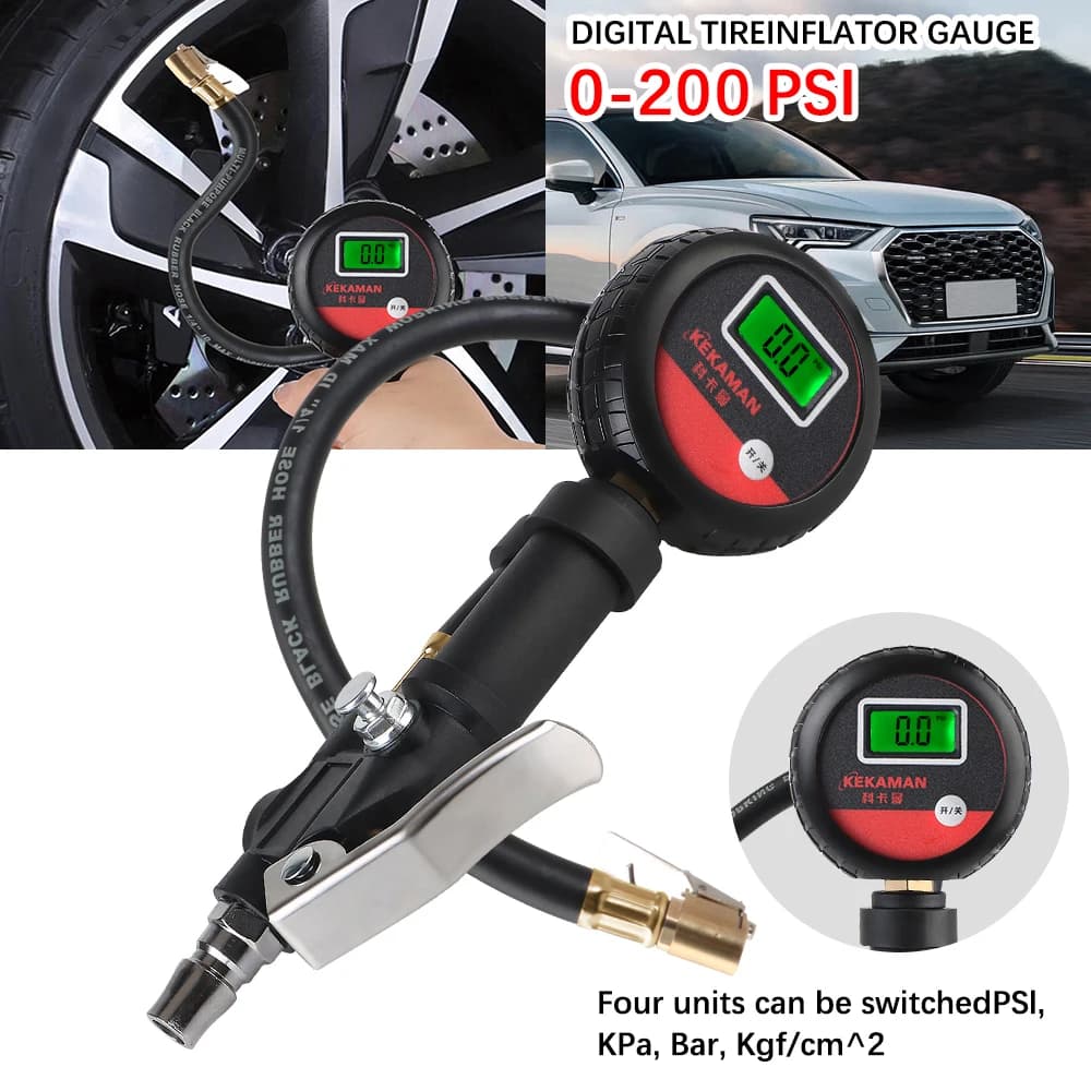 Manometro per Pneumatici Auto 0-200psi, Adattatore per Valvola con Tubo Gonfiatore per Moto, Tester Digitale per Gonfiaggio di Moto e Biciclette