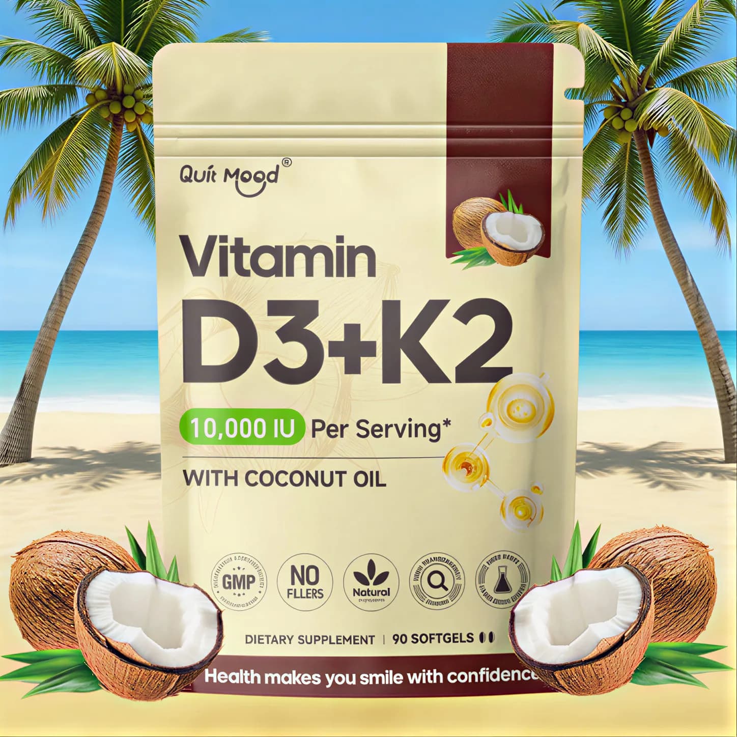 Vitamin D3K2, promotes calcium absorption, vitamin supplement in soft capsules with trace ingredients.