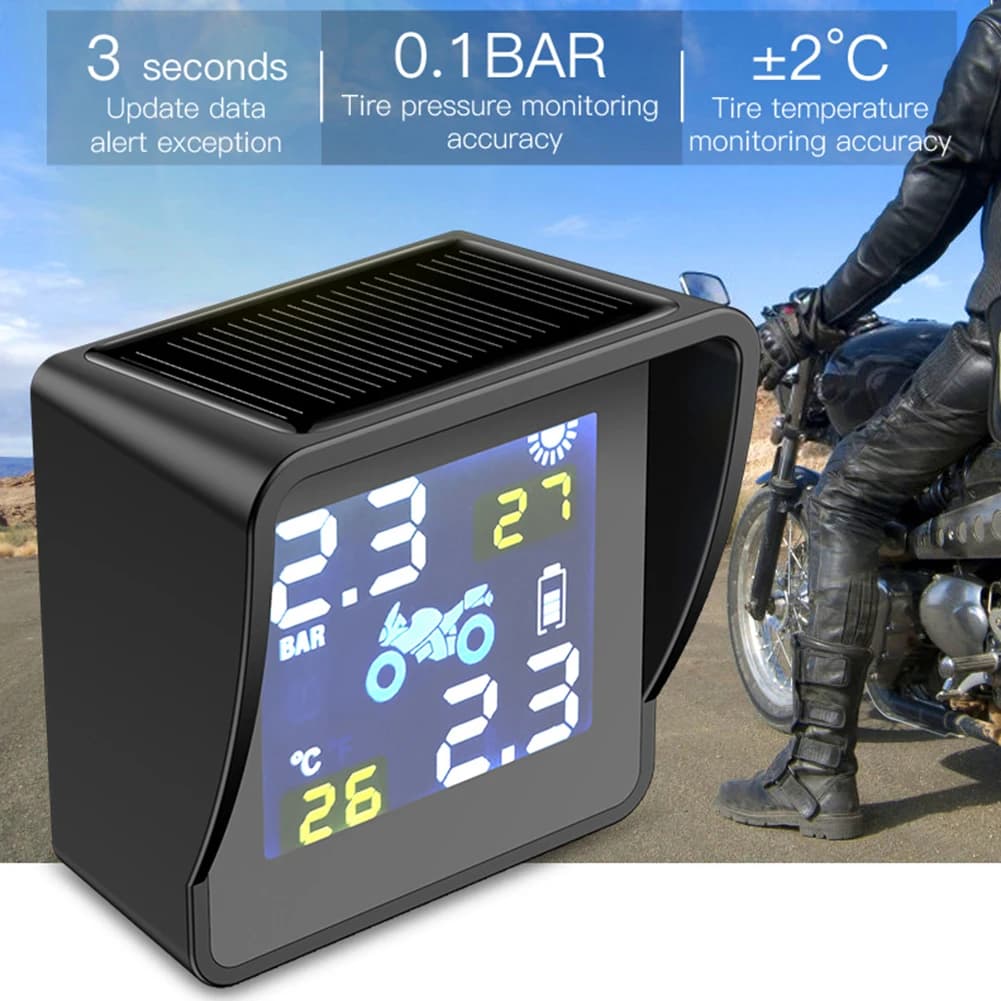 New USB Solar Charging Motorcycle TPMS Motor Tire Pressure Tyre Temperature Monitoring Alarm System with 2 External Sensors