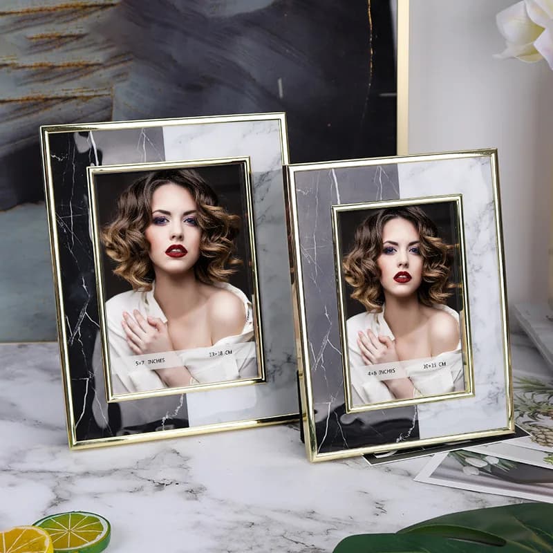 Metal Photo Frame Black and White Marble Splicing Golden Border Home Desktop Storage Wall Decoration Picture