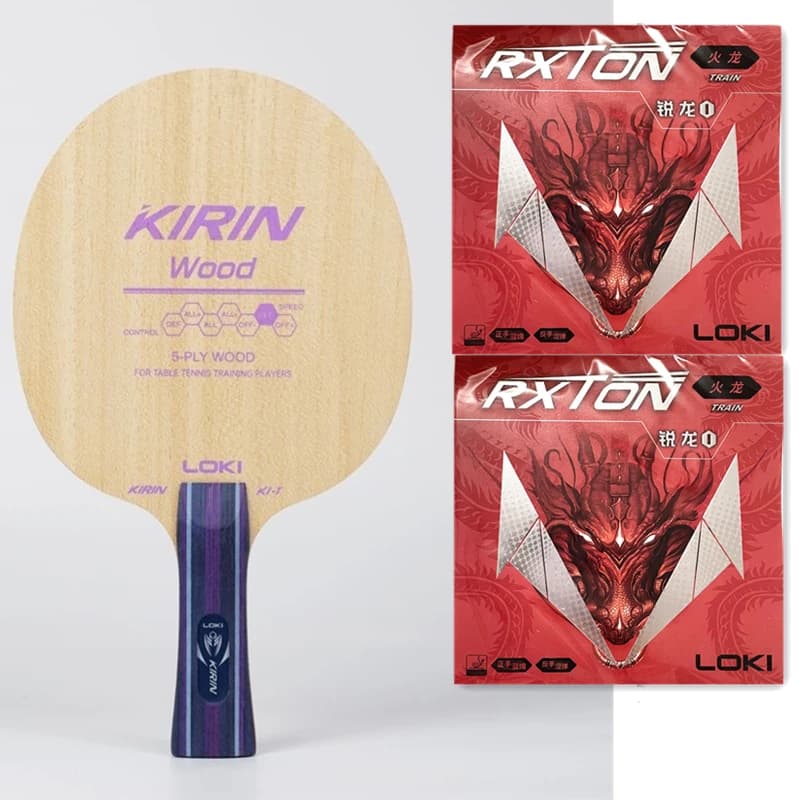 LOKI KIRIN K1-T Ping pong blade with 2x RXTON TRAIN Rubber Original LOKI Ping Pong Rack assembled for Beginners