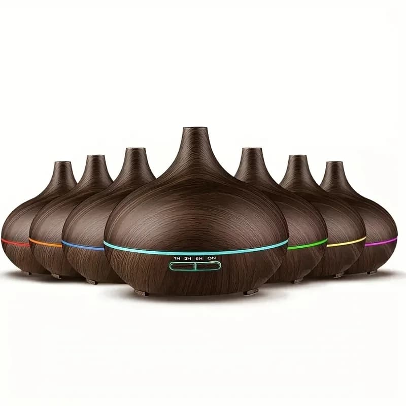 550ml Aromaterapia Diffusore di oli essenziali Grano di legno Umidificatore ad ultrasuoni con telecomando Freddo 7 colori LED Luce con 6 oli