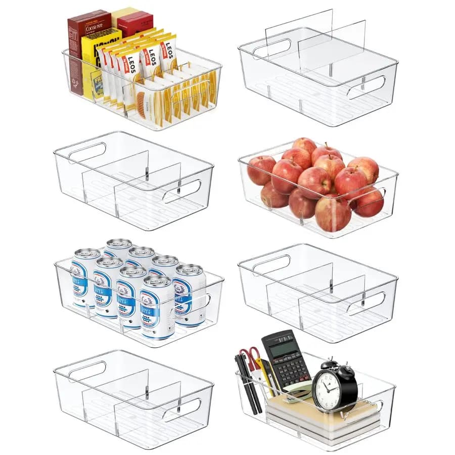 Organizzatori e contenitori, confezione da 8 organizer per snack per mensola dispensa, contenitori per alimenti con divisore, contenitori trasparenti per l'organizzazione, T