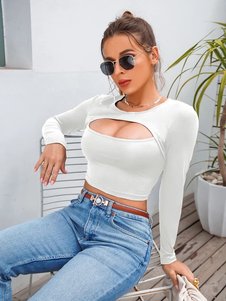 Felpa da yoga con top corto fitness vuoto a maniche lunghe con scollo tondo casual da donna
