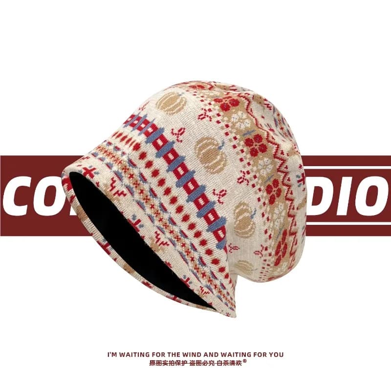 Retro Fair Island Style Jacquard Knitted Beanies for Womne Spring and Autumn Travel Photo Versatile Literary Pullover Hats