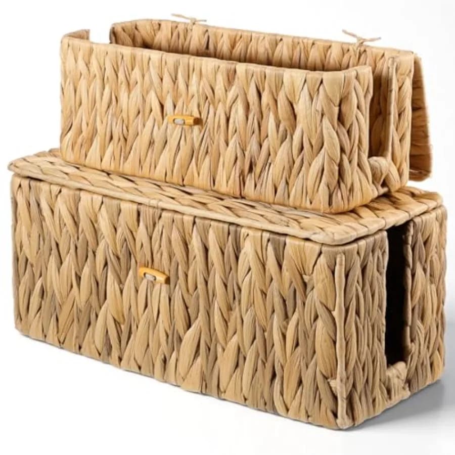 Scatola Portacavi con Coperchio, Confezione da 2, Organizzatore Decorativo per Cavi in Giacinto d'Acqua Intrecciato a Mano, Scatola per Cavi in Vimini con 2 Scomparti Laterali Apribili