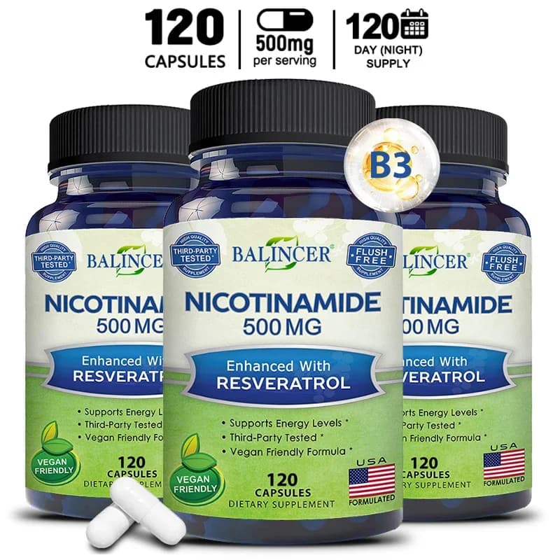 Niacinamide with Resveratrol - 120 vegetable capsules, vitamin B3 500 Mg - Supplement to support NAD, health and energy of skin cells