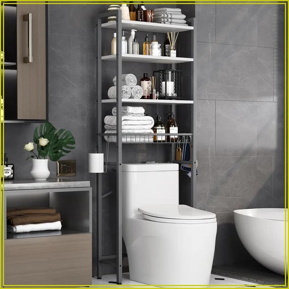 4-Tier Over-Toilet Storage Rack, Adjustable Shelves & Basket, Freestanding Bathroom Organizer, Space Saver for Small Rooms, Gray-White
