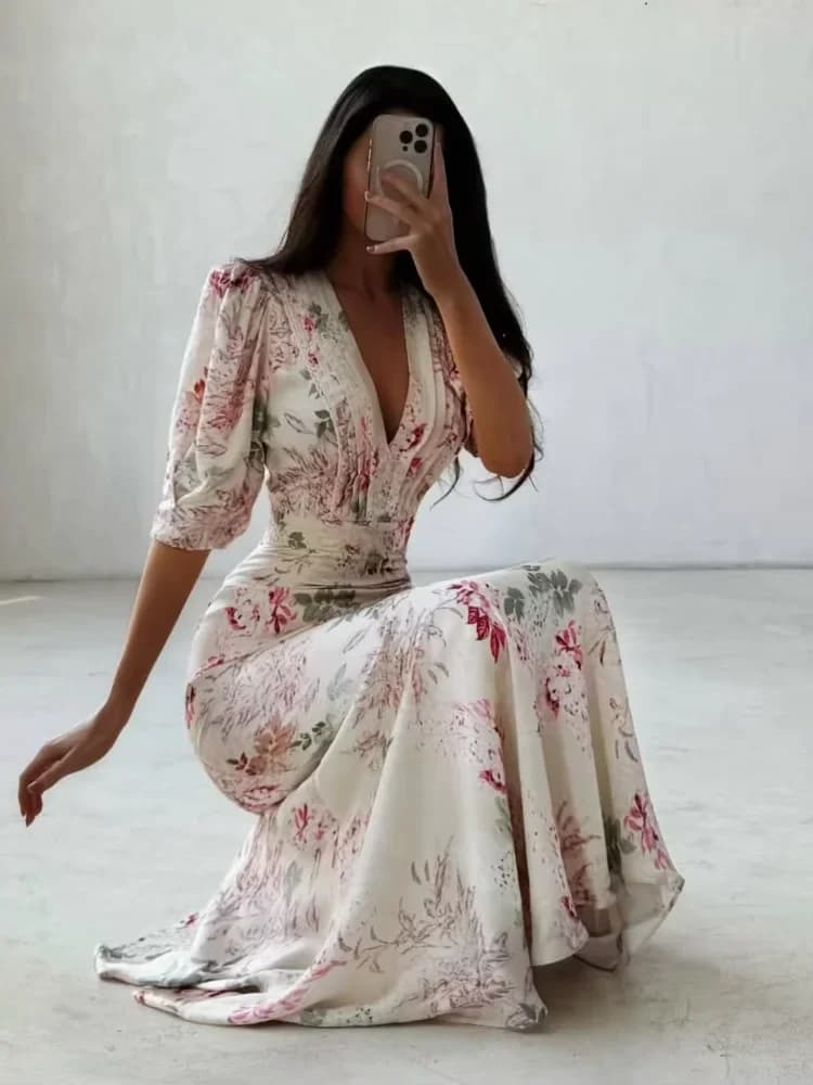 Elegant Printed Maxi Dress Chic V-neck Puff Short Sleeve Corset Ruffle Slim Women Dresses 2026 Summer Lady Fashion Party Robe