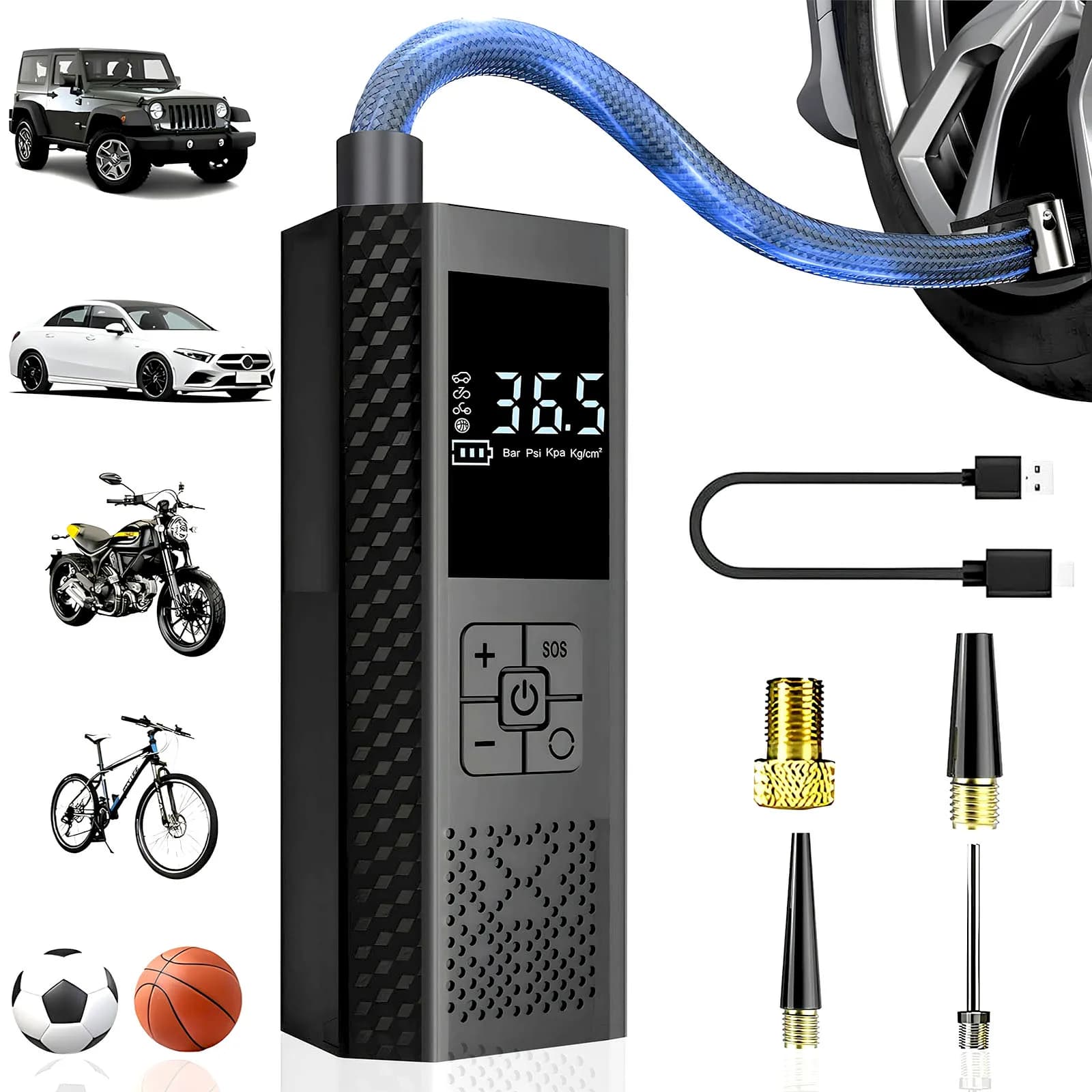 Compressore d'aria elettrico portatile per auto, gonfiatore wireless con display LCD per pneumatici di auto, moto, bici e palloni
